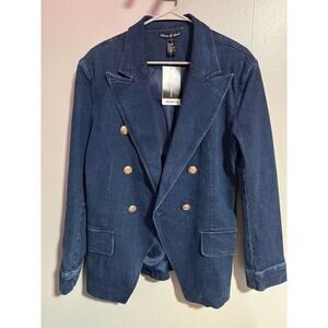 Attitude Unknown Denim Blazer Jacket – Gold Button Double Breasted – Medium